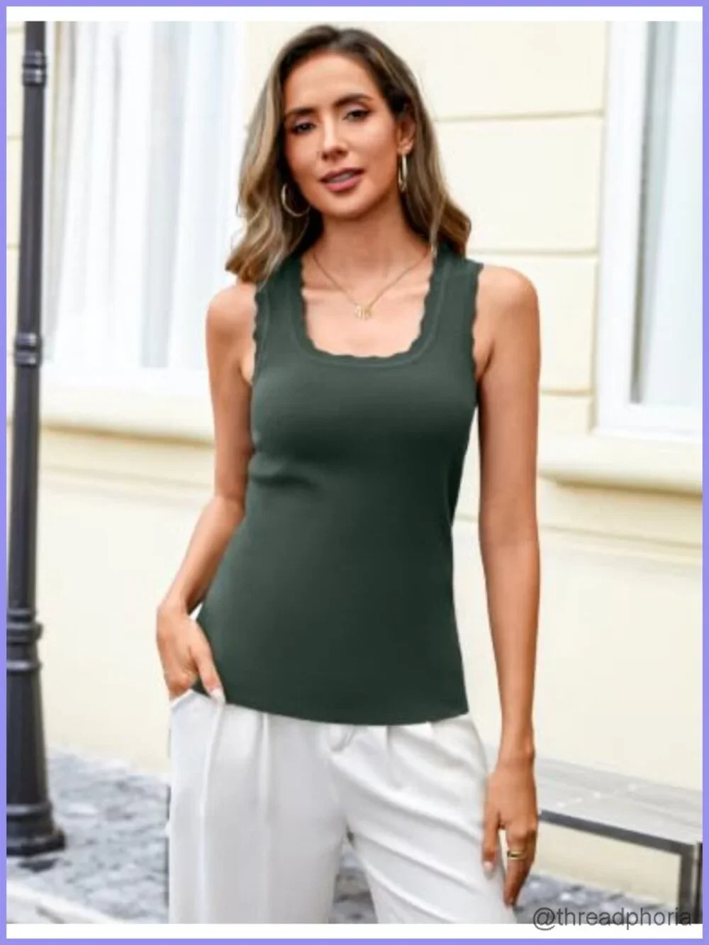 Women's Sleeveless Knit Sweater Vest Square Neck Scalloped Ribbed Tank